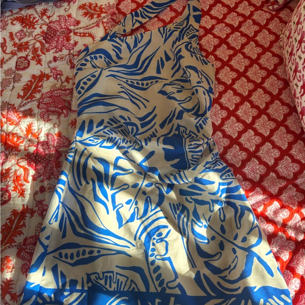 Elegant One Shoulder Blue and Cream Dress